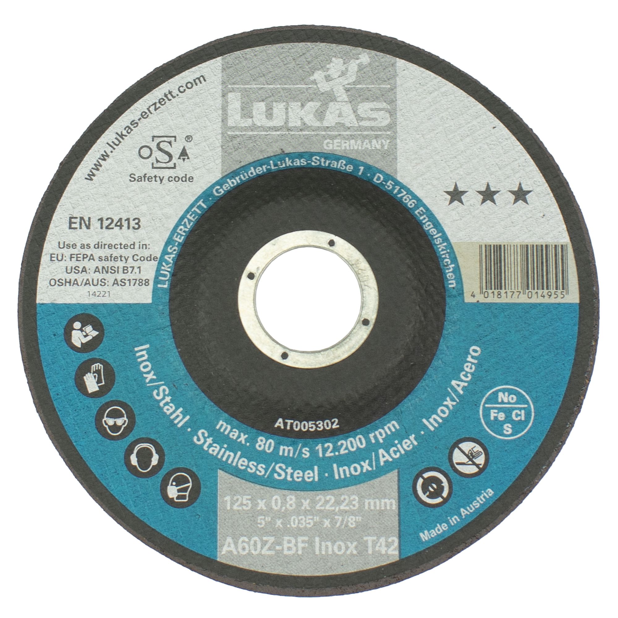 Kotouč řezný, 125 x 0,8mm, A60Z-BF INOX, LUKAS