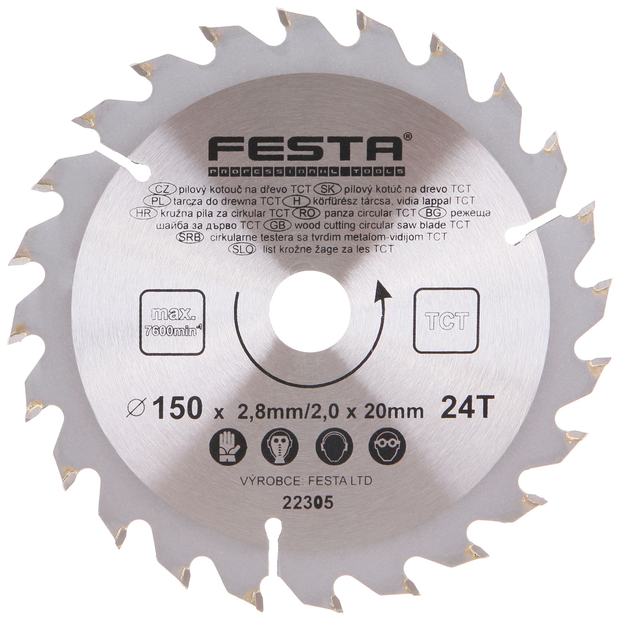 Kotouč pilový, na dřevo, 150mm, 24 zubů, 20/16mm, 2,8mm, TCT, FESTA