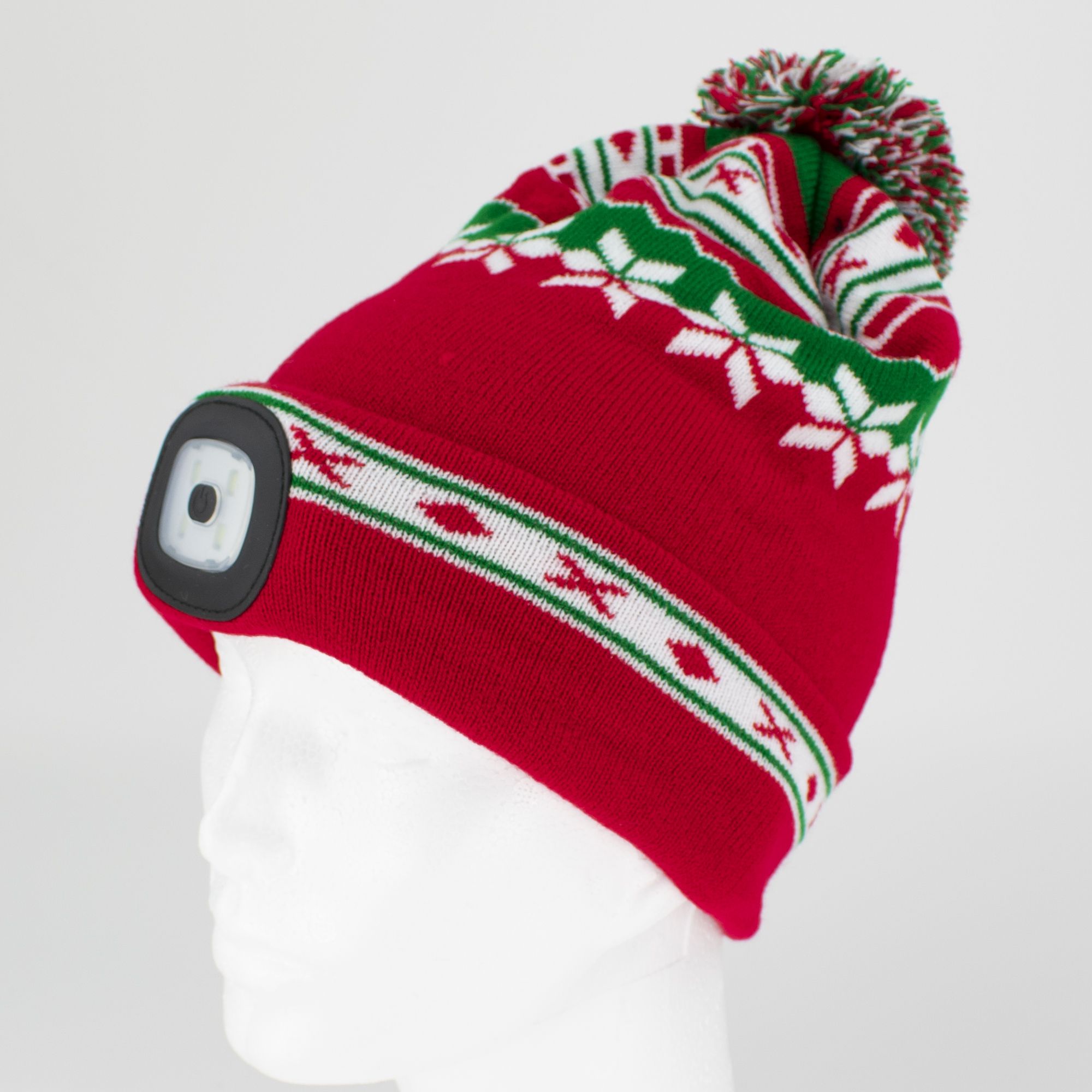 Čepice s LED čelovkou, 60lm, USB nabíjecí, UNI, Xmas červeno-zelená, STREND PRO