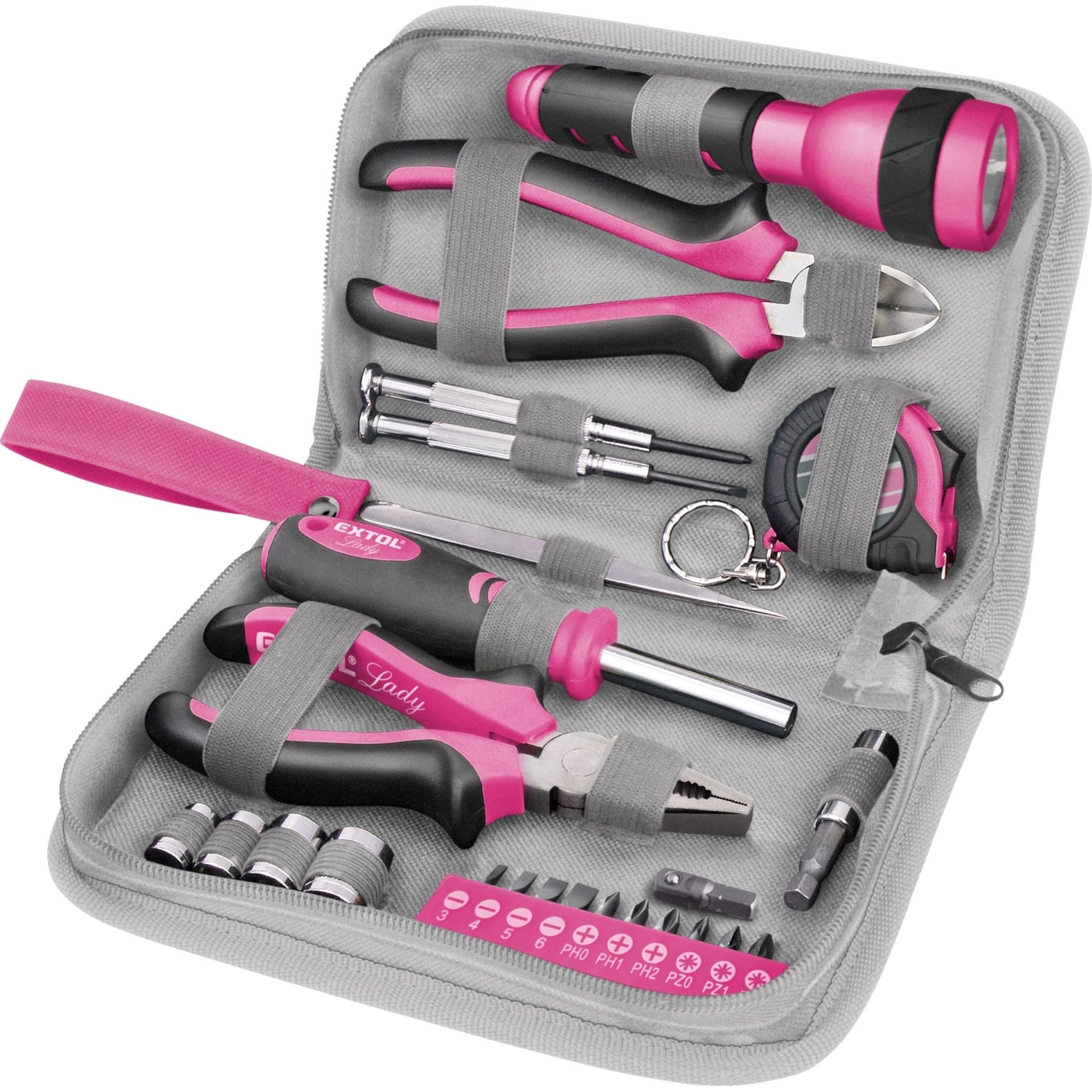 Sada nářadí, 23 dílů, v pouzdře, růžová, EXTOL LADY