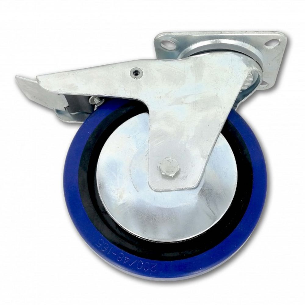 Kolečko pojezdové, 200mm, otočné+brzda, tvrdá pryž-modrá, 300kg