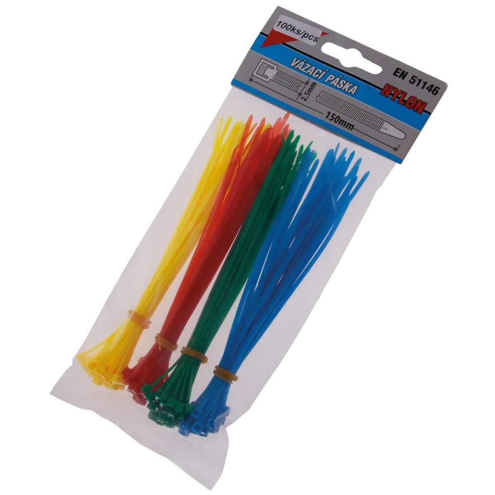 Pásek stahovací, 150 x 2,5mm, nylon, různé barvy, balení 100ks