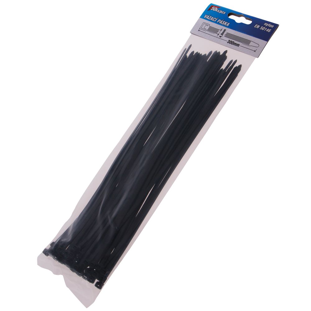 Pásek stahovací, 300 x 4,8mm, nylon, černý, balení 50ks
