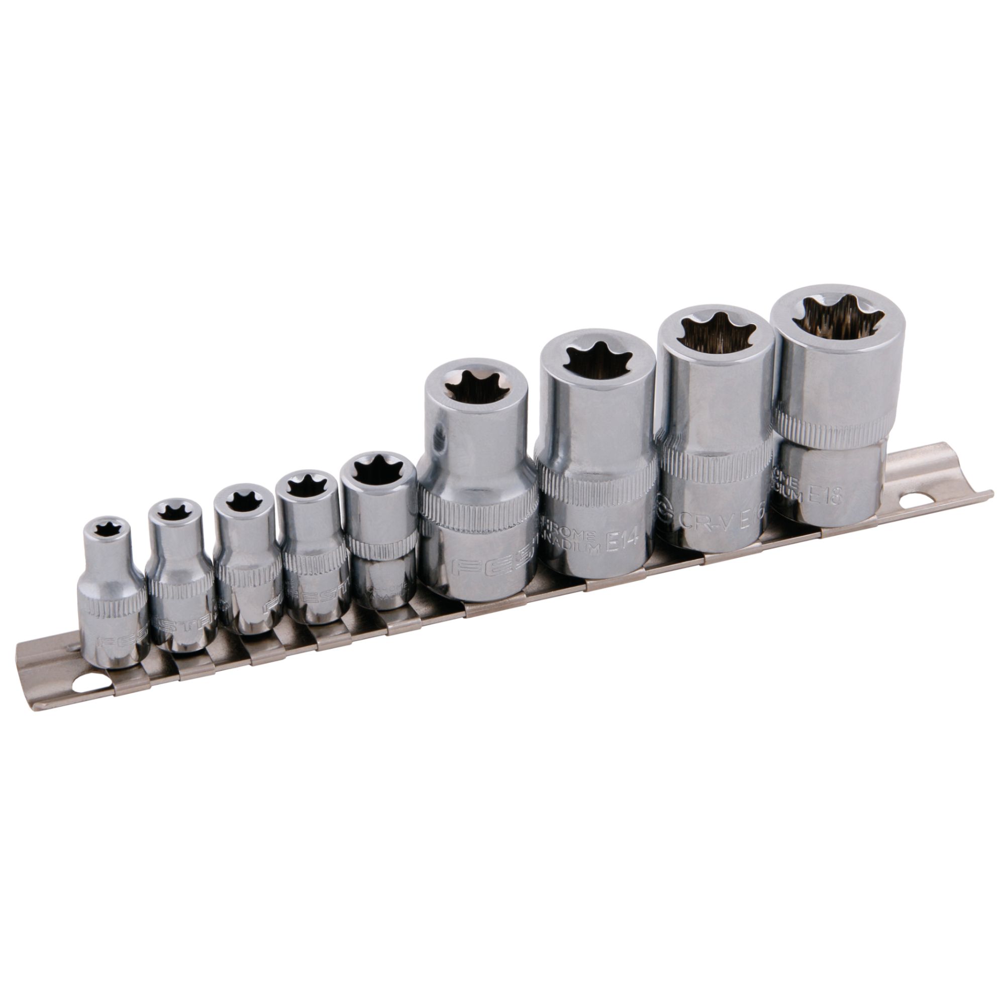 Gola hlavice 1/2" + 1/4", TORX vnitřní, sada 9ks, E5 - E18