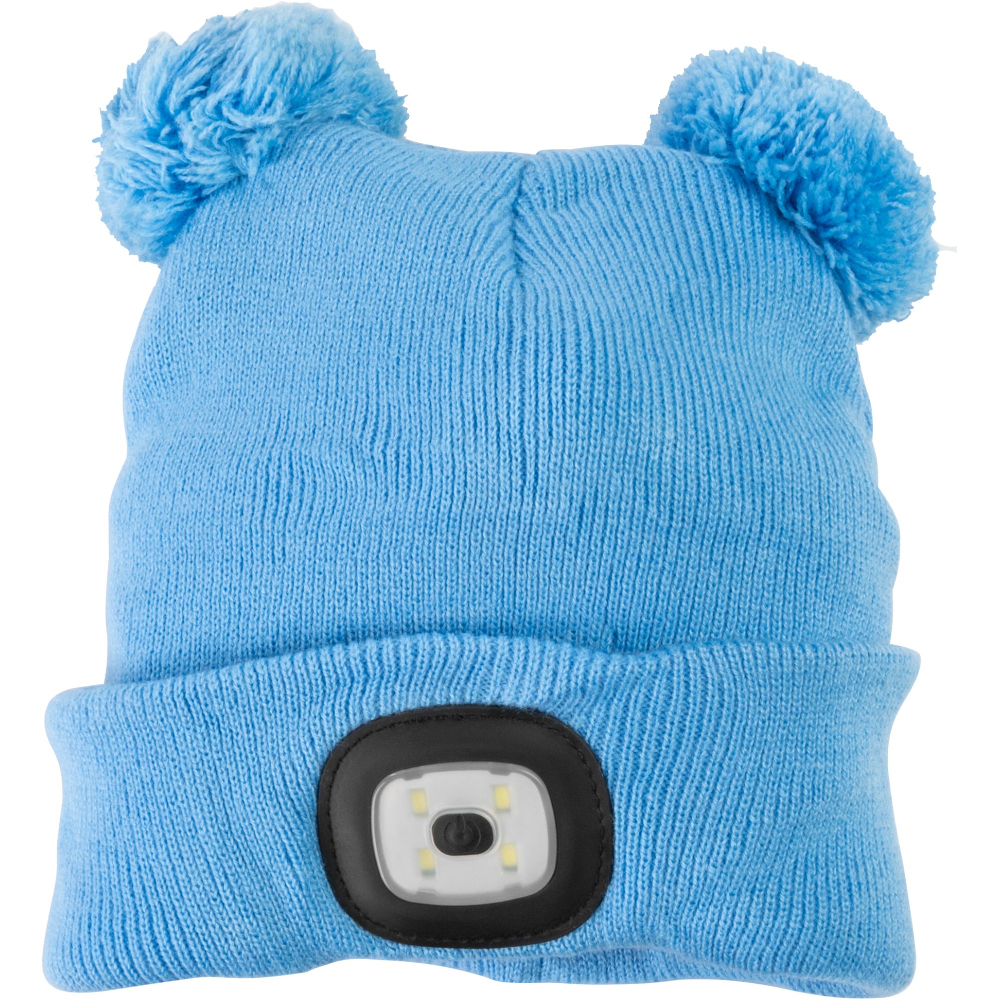 Čepice s LED čelovkou dětská M, 60lm, USB nabíjecí, modrá s bambulemi, STREND PRO